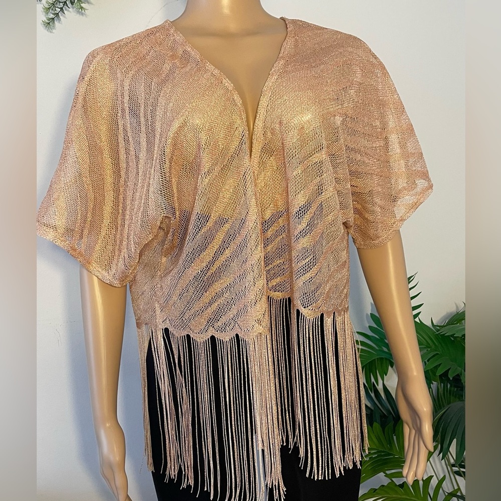 Metallic Rose Gold Fringe Open Cardigan